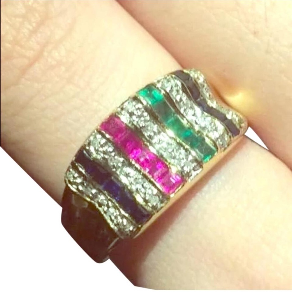 14K Gold wide band ring precious multi gemstone
